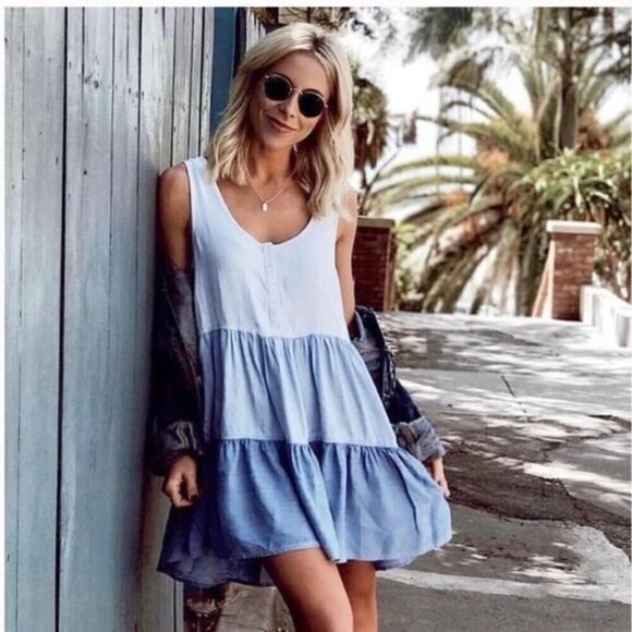 Rails Noelle colorblock tiered mini dress blue chambray a-line trapeze shift XS - Picture 1 of 6